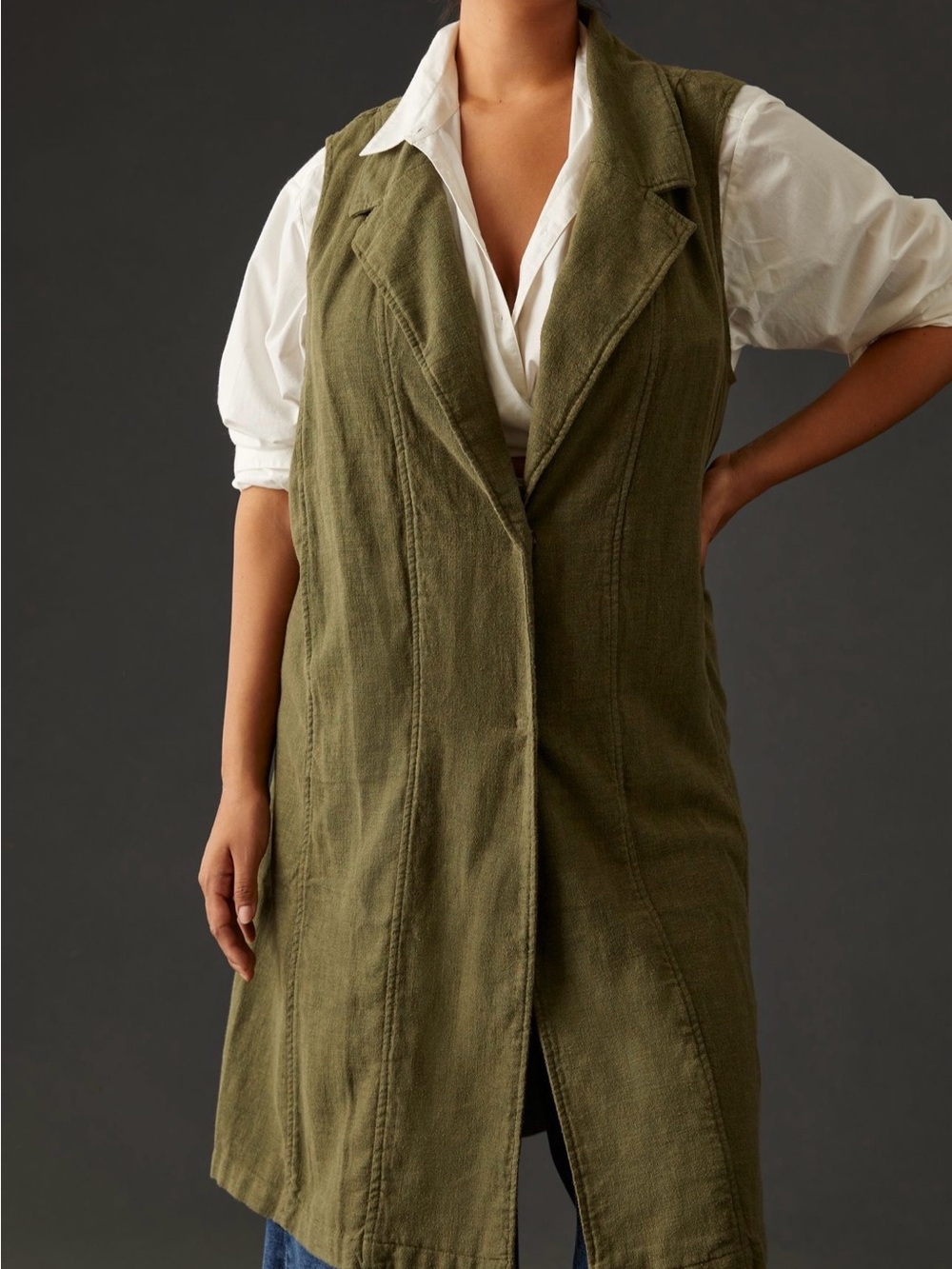 Anthropologie Olive Long Line Linen Blend Vest